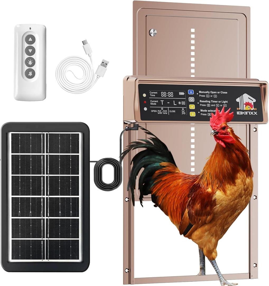 Automatic Chicken Coop Door Solar Powered, LCD Display Chicken Door with Timer & Light Sensor, 4 Modes Automatic Chicken Door Solar, Anti-Pinch & Weather Proof Coop Door with Remote Control (Gold)
