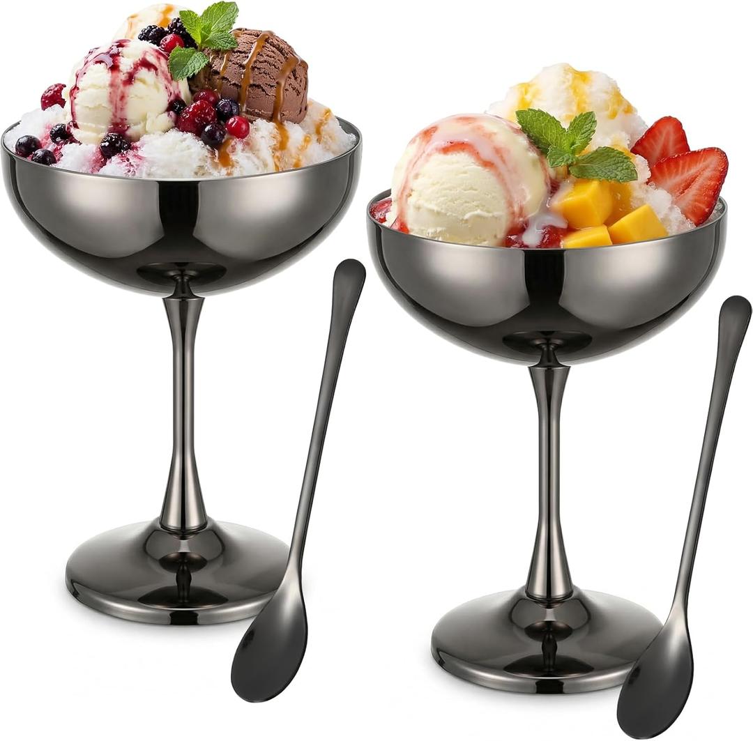 Thenshop 2 Sets Stainless Steel Ice Cream Bowls 270 Ml/9.13 oz Reusable Black Footed Sundae Cups with Spoons Yogurt Snack Candy Serving Cups Sauce Bowls for Fruit Pudding Wedding Birthday Party