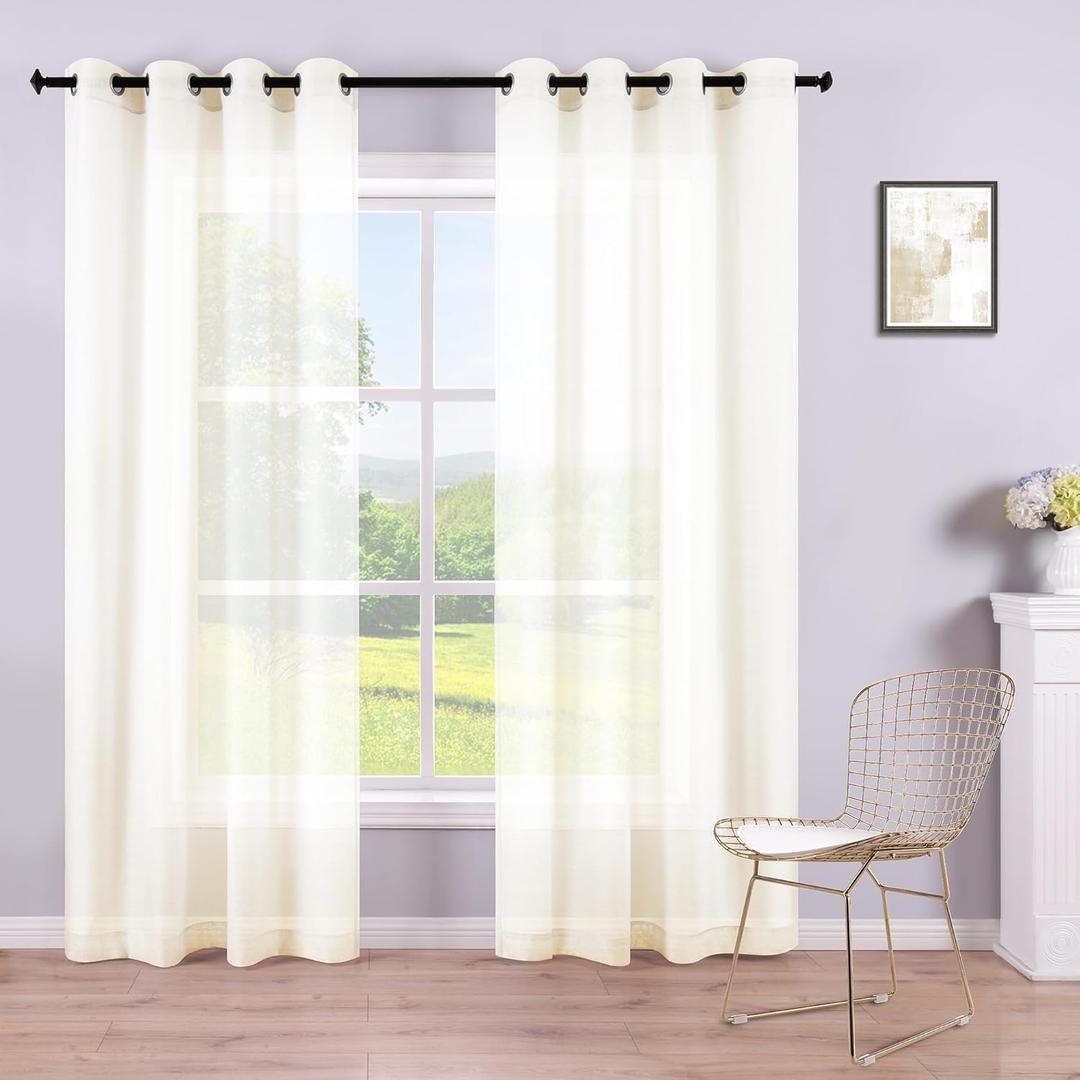 Sheer Ivory Curtains 96 Inches Long for Bedroom Set 2 Grommet Window Drapes Tulle Textured Ivory Sheer Curtains for Living Room Sliding Glass Door 52x96 Inch Length Offwhite Cream Color Off White