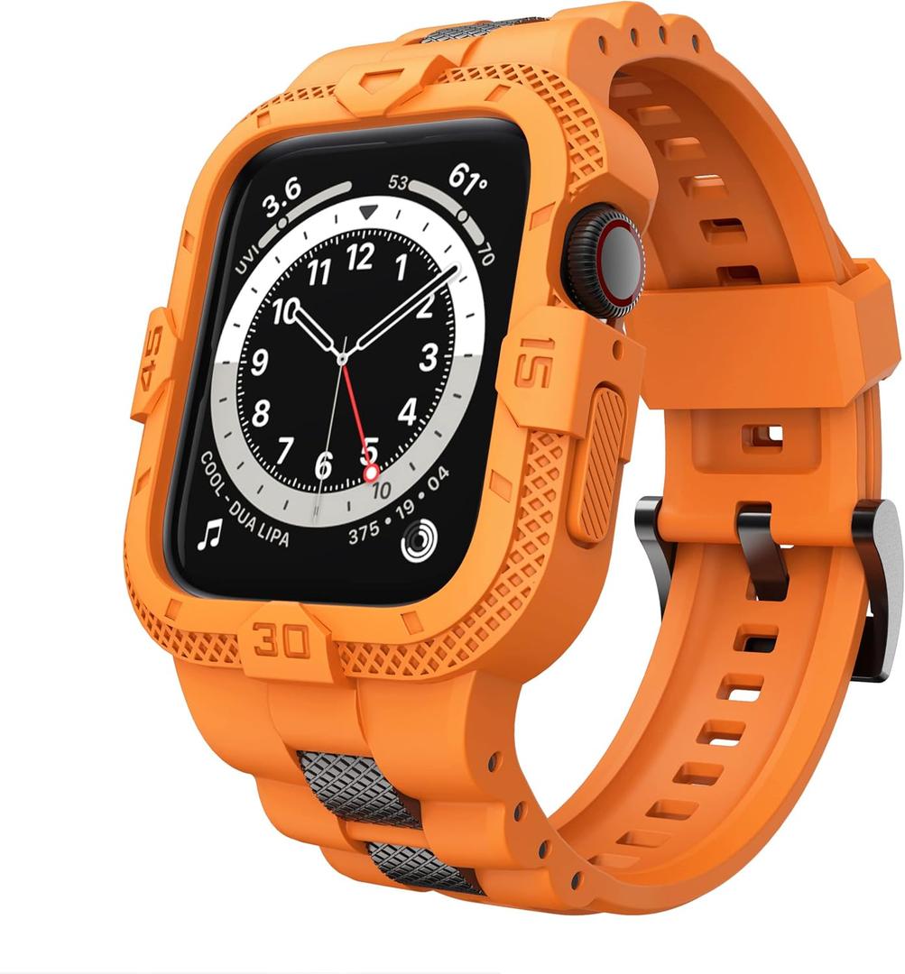 GELISHI Bands Compatible for Apple Watch Band 46mm 45mm 44mm 42mm, Men Sport Rugged Band with Protective Case for Watch Series 11 10 9 8 7/ SE 3/2/1/ Series 6 5 4 3 (Orange)