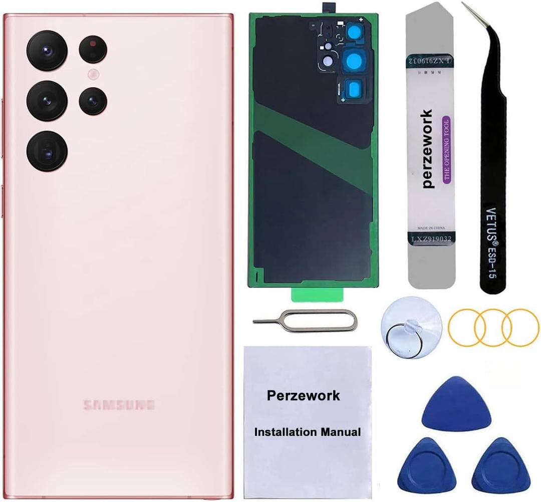 Rear Back Glass Replacement for Samsung Galaxy S22 Ultra 6.8 inches 5G with Reparing Toolkit and Pre-Installed Adhesive (Pink Gold)