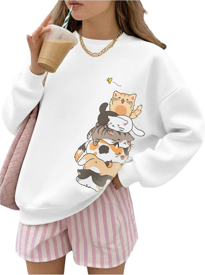 RoseSeek Girl's Cartoon Graphic Long Sleeve Crewneck Sweatshirts Drop Shoulder Cute Pullover Tops T Shirt