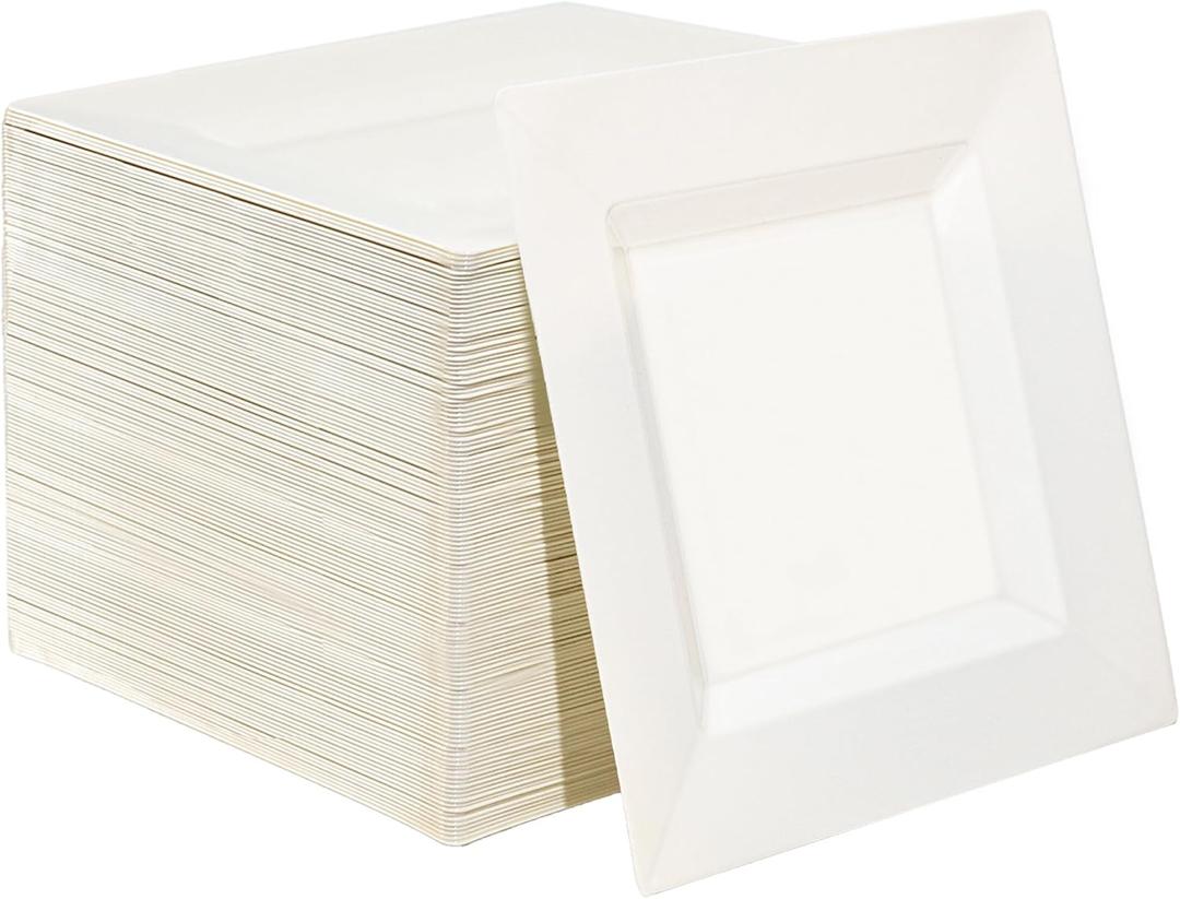 100 Pack Ivory Plastic Square Dessert Plates, 6.5" Disposable Salad Plate Heavy Duty Plate for Party, Wedding, Christmas, Easter