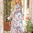 Sunny Spirit Women's Floral Boho Midi Dress 2025 Spring Fall Long Sleeve V Neck Chiffon A-Line Flowy Party Dresses (XL)