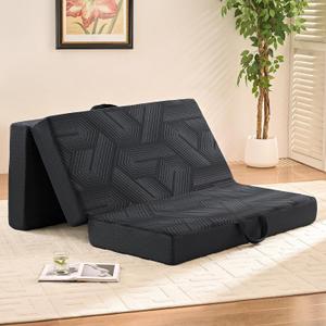 Trifold Mattress, 4 Inch Memory Foam Tri-Fold Mattress Queen Size, Foldable Mattress with Washable Cover, Handles and Non-Slip Bottom for Yoga, Living Room, Camping, 78"x 58" x 4", Black