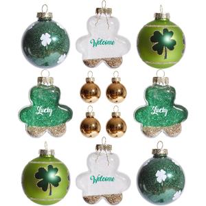 WDS WONDROUS 12-Piece St Patricks Day Ornaments Set, Mixed Size Shamrock Lucky Welcome Decor with Gold Glitter for Christmas Tree Home Party Spring Decor, Irish Glass Ball Hanging Decorations (Green & White & Gold)