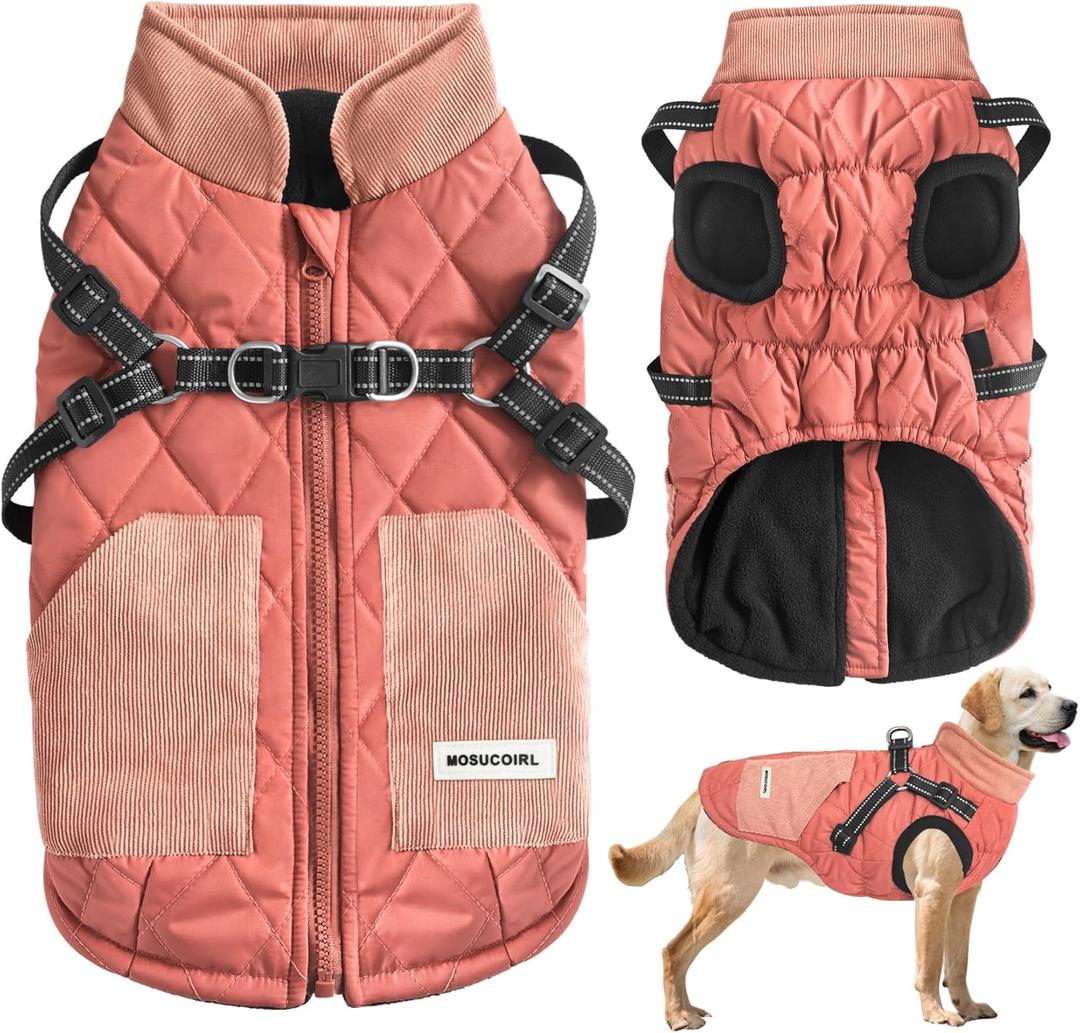 Mosucoirl Warm Dog Coats Pet Clothes, Waterproof Dogs Jacket Reflective Pet Outfits Winter Dog Cold Weather Coat Cozy Snow Jackets Vest, 2XL, Pink