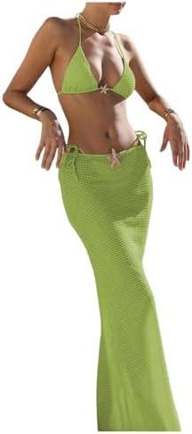 SHENHE Women's 3 Piece String Bikini Set Triangle Halter Starfish Metal Swimsuit with Long Skirt, M