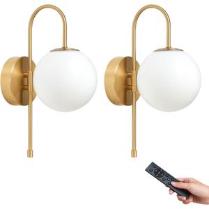 Battery Operated Gooseneck Wall Sconces Set of 2, Glass Globe Wireless Lights with Remote & Touch, Rechargeable Brushed Gold Sconce, 3 Color Dimmable Ambient Lighting for Bedroom Living Room (Curved Arm)