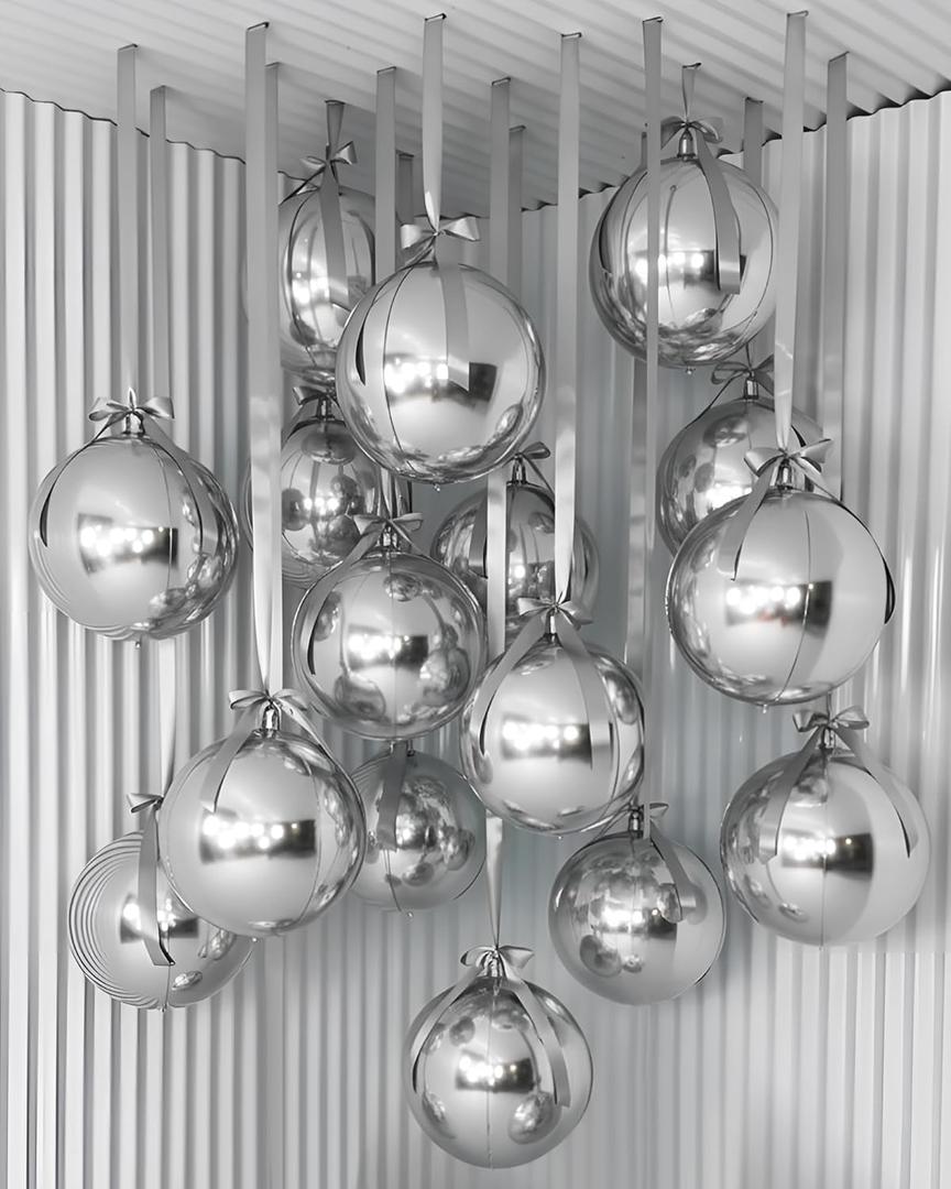 Jenaai 30 Set Round Foil Balloons Bulk 22 Inch 4d Metallic Giant Balloons Set with Satin Bows Ribbon for Ceiling Holiday Ornaments New Year Birthday Wedding Party Decoration(Silver)