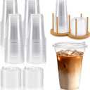 Roshtia 100 Pack 16 oz Clear Plastic Cups with Sip-lids and Bamboo Storage Holder, Disposable Plastic Smoothie Iced Coffee Cups for Cold Drinks Milkshake Bubble Tea Party Drinks