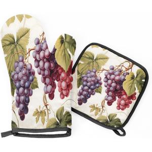 TULIMET Vintage Grapes Vine Oven Mitts and Pot Holders Sets, 2 Pcs Decorative Kitchen Oven Glove for Cooking (Purple)