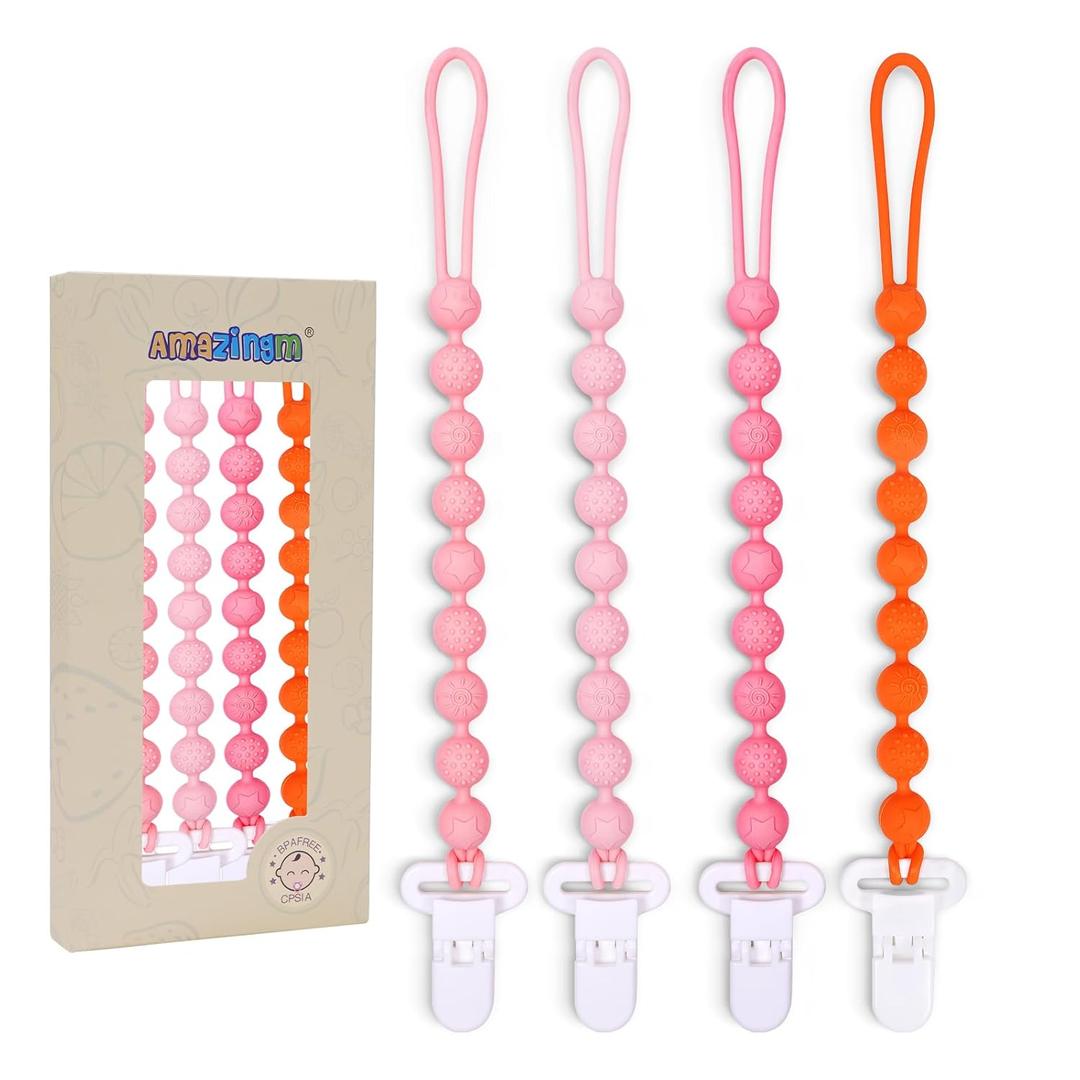 4 Pcs Pink Baby Silicone Teething Pacifier Clip,One-Piece Design,Round Shape,Textured Surface,BPA Free.