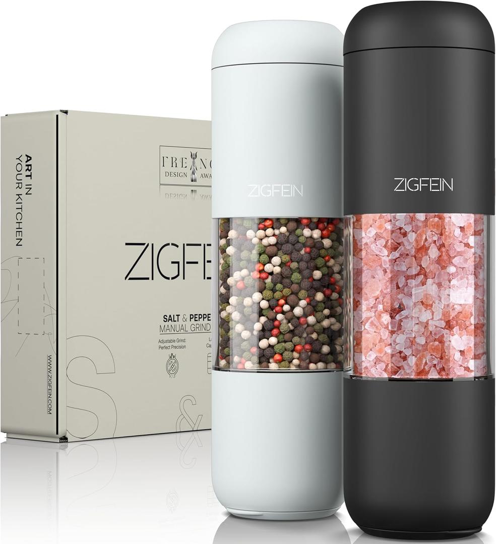 Manual Salt and Pepper Grinder Set - Stainless Steel, Ceramic, Large Glass Adjustable Shakers in Black/White, 2-Pack - Refillable Pepper Grinder & Salt Grinder Manual with Award Winning Design