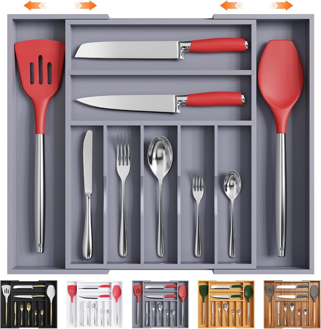 Kitchen Silverware Drawer Organizer and Storage Cabinet Utensil Rack Bathroom Counter Vanity Extra Large Big Cooking Drawer Organizers Countertop Pantry Storage Cabinet Best Kitchen Must Haves 2025 (9 Slots Expandable, Gray)