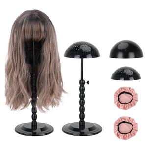 Wig Stand - Plastic Wig Stand 2 Packs Portable Foldable Wig Hat with Velvet Cover Holder Height Adjustable (12-18.8 Inches) Easy to Install Support Wig Display Stand (Black)