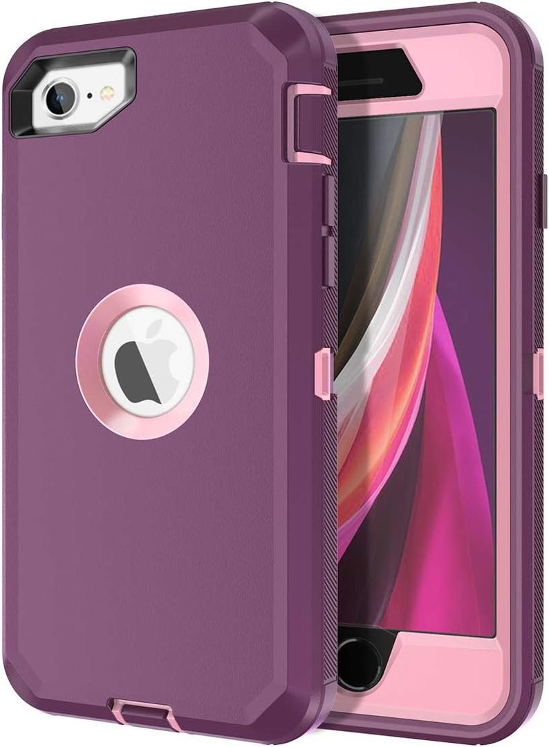 for iPhone SE 2022/2020 Case Built-in Screen Protector Shockproof Dust/Drop Proof 3 in 1 Full Body Rugged Heavy Duty Cover for Apple iPhone SE 3rd/2nd Gen 4.7, Purple/Pink