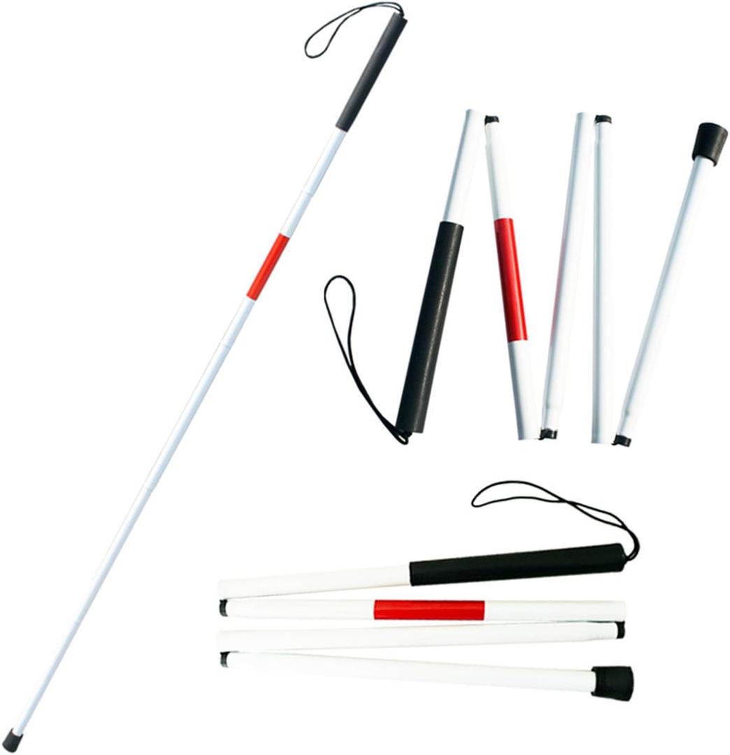 Folding Aluminum Walking Cane Stick Reflective Red for The Blind or Visually Impaired Blind Cane Folds in 4 Sections, White