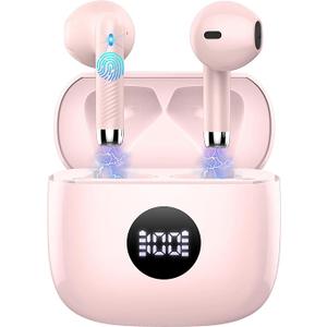 Wireless Earbuds, Bluetooth 5.4 Ear Buds LED Power Display Headphones Bass Stereo, Bluetooth Earbuds in-Ear Noise Cancelling Mic, 40H Playback Mini Case IP7 Waterproof Sports Earphones for Android iOS, Pink