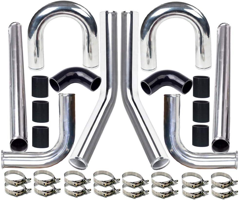 2" 8-Pcs Universal Intercooler Pipe Piping Turbo Polished Aluminum Kit with Silicone Hoses and Stainless Steel T-Clamps