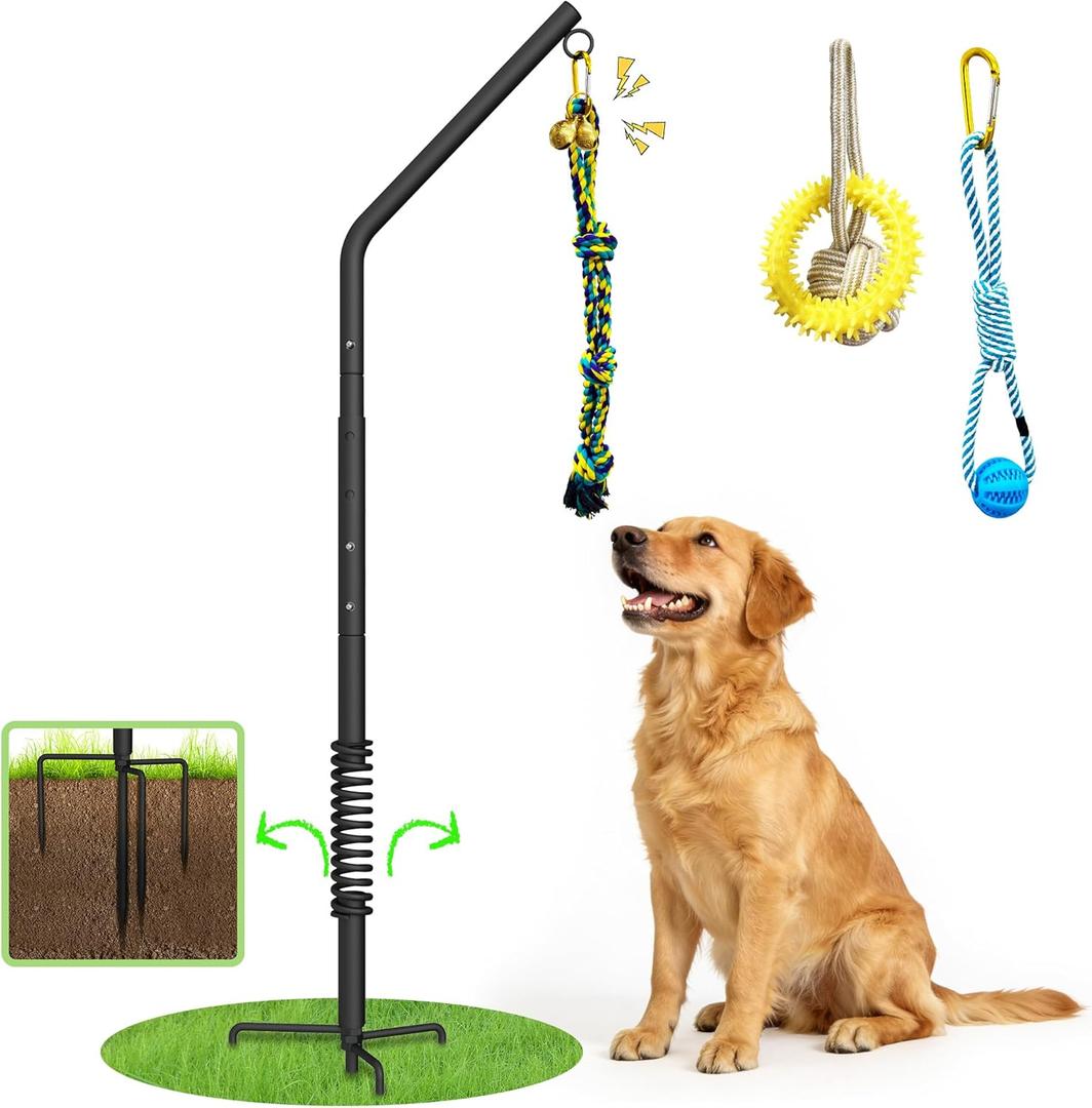 Tether Outdoor Dog Rope Toy with Adjustable Height Spring Pole, 3 Kinds Dog Tug of War Toys for Self Play and Interactive in Park, Yard, Lawn Rope, Suitable for Energetic Dog(45)