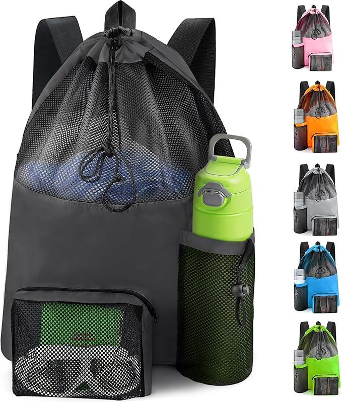 Swim Mesh Beach Bag, Waterproof Gym Bags for Women and Men, Large Pool Bag Swimming Gear Drawstring Backpack Ink Black