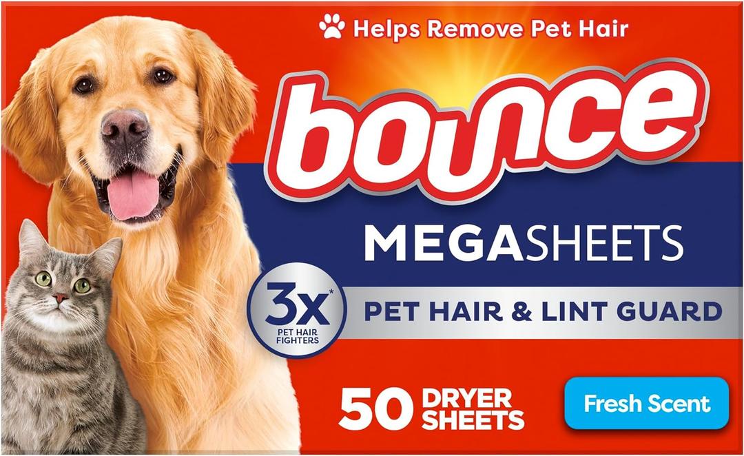 Bounce Pet Hair and Lint Guard Mega Dryer Sheets with 3X Pet Hair Fighters, Fresh Scent, 50 Count