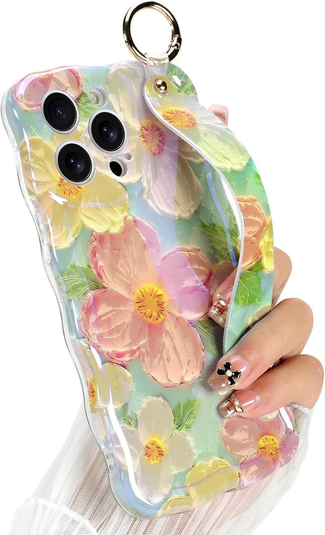 for iPhone 14 Pro Case with Finger Hand Wrist Strap, Cute Colorful Oil Painting Flower Floral Phone Case for Girls Women Stylish Aesthetic Curly Wave Frame Protective Cover, Pink Green