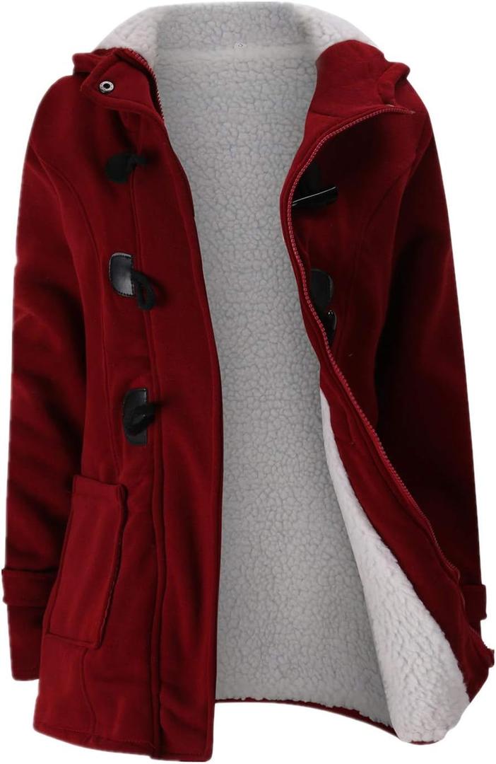 JiangWu Womens Fashion Horn Button Fleece Thicken Coat with Hood Winter Warm Jacket (Large, Wine-red)