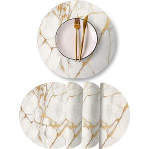 Round Leather Placemats Set of 4 PU Waterproof Non-Slip Washable Heat Resistant Place Mat for Kitchen Dining Table - Marble Gold Line
