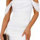 PRETTYGARDEN Cocktail Dresses 2025 Summer Off Shoulder Sexy Bodycon Ruched Mesh Graduation Wedding Guest Mini Short Dress (White, M)