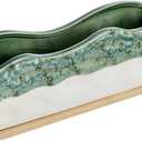 MyGift 13 Inch Large Rectangular Succulent Planter, Decorative Seafoam Green Glazed Beige Ceramic Indoor Plant Container Pot with Removable Bamboo Tray