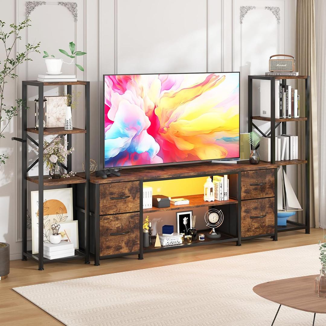 LED TV Stand Bookshelf Combo with Charging Station for 65 60 55 Inch TV, Entertainment Center with Lights & Drawers, Industrial Media TV Console Table for Living Room Bedroom Office, Rustic Brown, 77 Inches X 36 Inches X 27 Inches