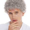 Grey Afro Wig for Men Short Curly Halloween Disco Rock Heat Resistant Synthetic Wigs with Wig Cap