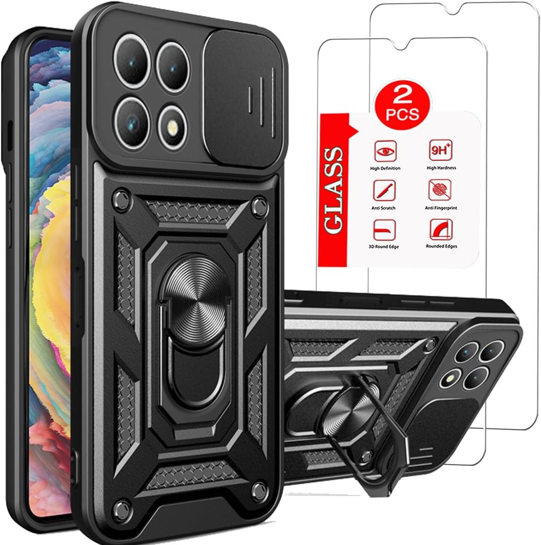 for T-Mobile Revvl 7 5G Phone Case | 2 Pack Tempered Glass Screen Protector, Military-Grade, Heavy Duty Protective, Lens Protects, Magnetic Kickstand Holder Black