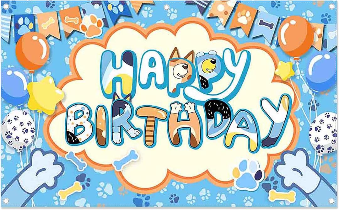 96x60inch Cartoon Blue Birthday Photography Backdrop Cute Dog Balloon Paw Background Boys Kids Birthday Party Decorations Photo Booth Props