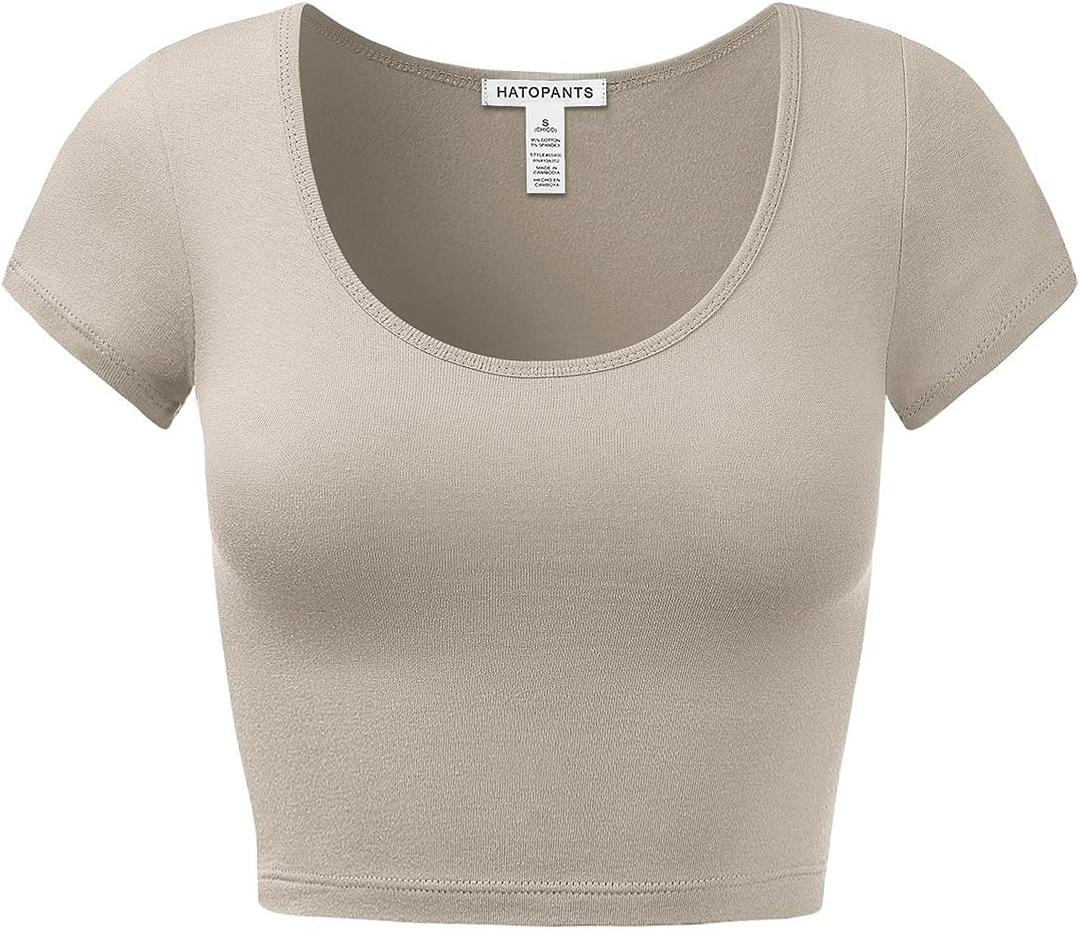 Women's Cotton Crop Tops Short Sleeve Scoop Neck Stretchy Casual Shirt (Beige, XL)