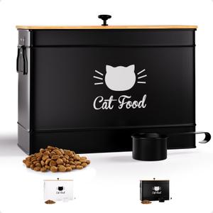 Cat Food Storage Container with Scoop - 15 lb (50 Cup) Capacity Metal Cat Food Container with Airtight Bamboo Lid & Metal Scoop - Airtight Pet Food Storage Containers - 15 lb Treats & Kibble Container (Black)
