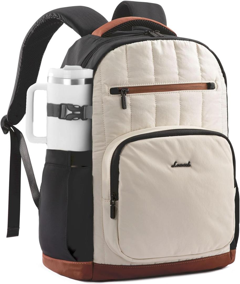 LOVEVOOK Laptop Backpack for Women with Giant Tumbler Holder Pocket,15.6 Inch Puffer Travel College Work Backpack Purse for Teacher Nurse,Casual Laptop Bag Computer Back Pack Daypack,White-Black-Brown