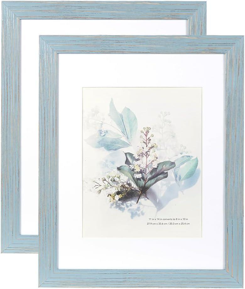 KAIWIN 100% Solid Wood Blue 11x14 Picture Frame 2 Pack Display Picture 8x10 with Mat, HD Plexiglass Inside, Rustic Wooden Photo Frames for Wall Mounting