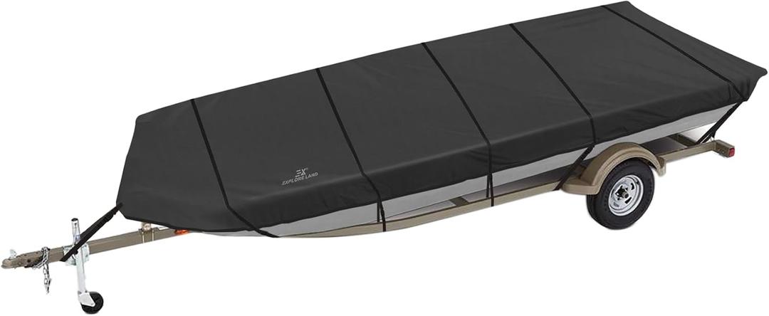 Explore Land Marine Grade 900D Trailerable Jon Boat Cover Fade Resistant and Waterproof Fabric - Fits Jon Boat 18' Long Beam Width up to 78", Black