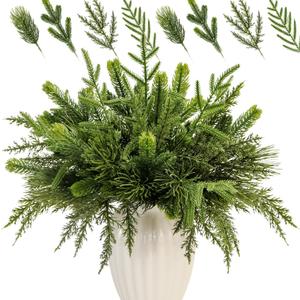 40PCS Artificial Pine Branches Assorted Real Touch Christmas Greenery Stems Faux Norfolk Pine Picks Evergreen Cedar Leave Tree Sprigs for Vase Filler Crafts Wreath Garland Home Holiday Decor (Green)