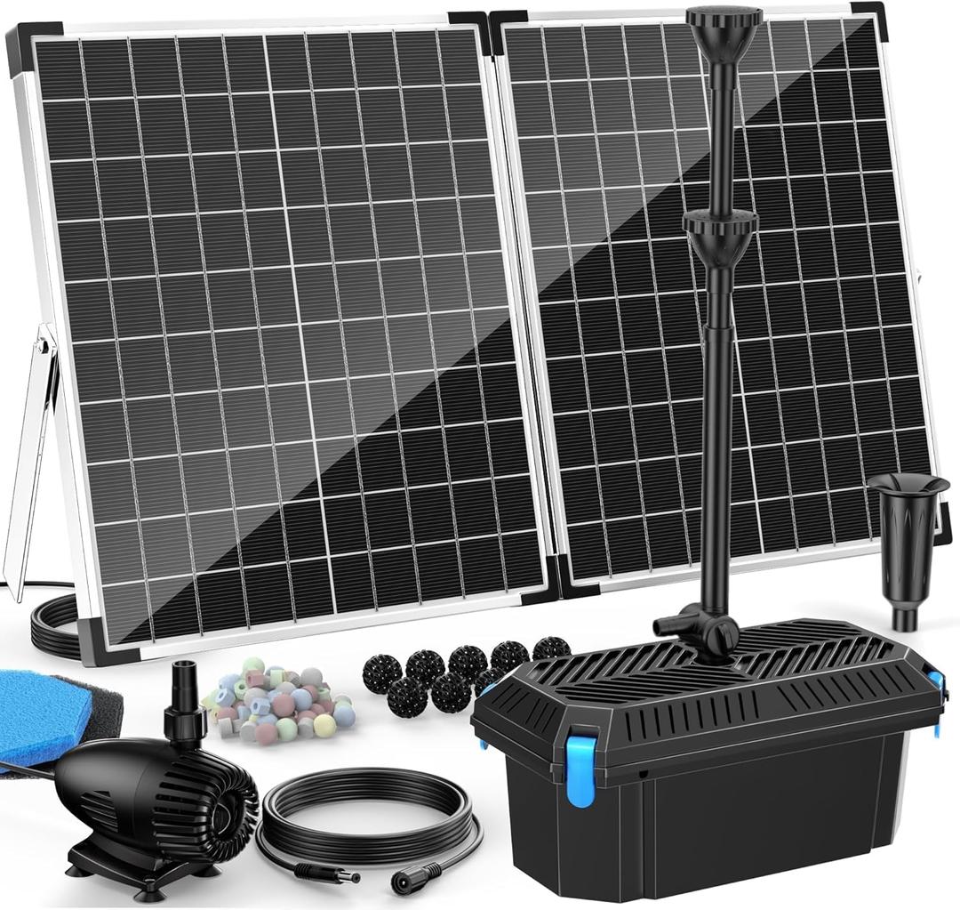Antfraer 55W Solar Pond Pump with Filter Kit - Foldable Monocrystalline Solar Panel, Pond Filter for Outdoor Ponds, Koi Ponds, Waterfalls & DIY Water Features (17FT+10FT Power Cord)