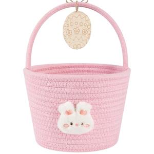 OIAHOMY Gift Basket with Handle, Personalized Baby Basket for Kids, Woven Rope Gift Empty for Toys, Baby Treasure Hunt Baskets with Wooden Card for Boys and Girls - Pink