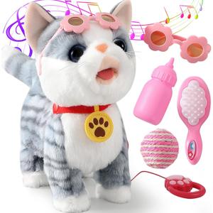 Gray Walking Cat Set Interactive Toy Cat for Girl Repeat What You Say Toy Kitten Talking Singing Dancing Touch Control Robot for Kid with Leash Wagging Tail Nodding Plush Electric Kitty