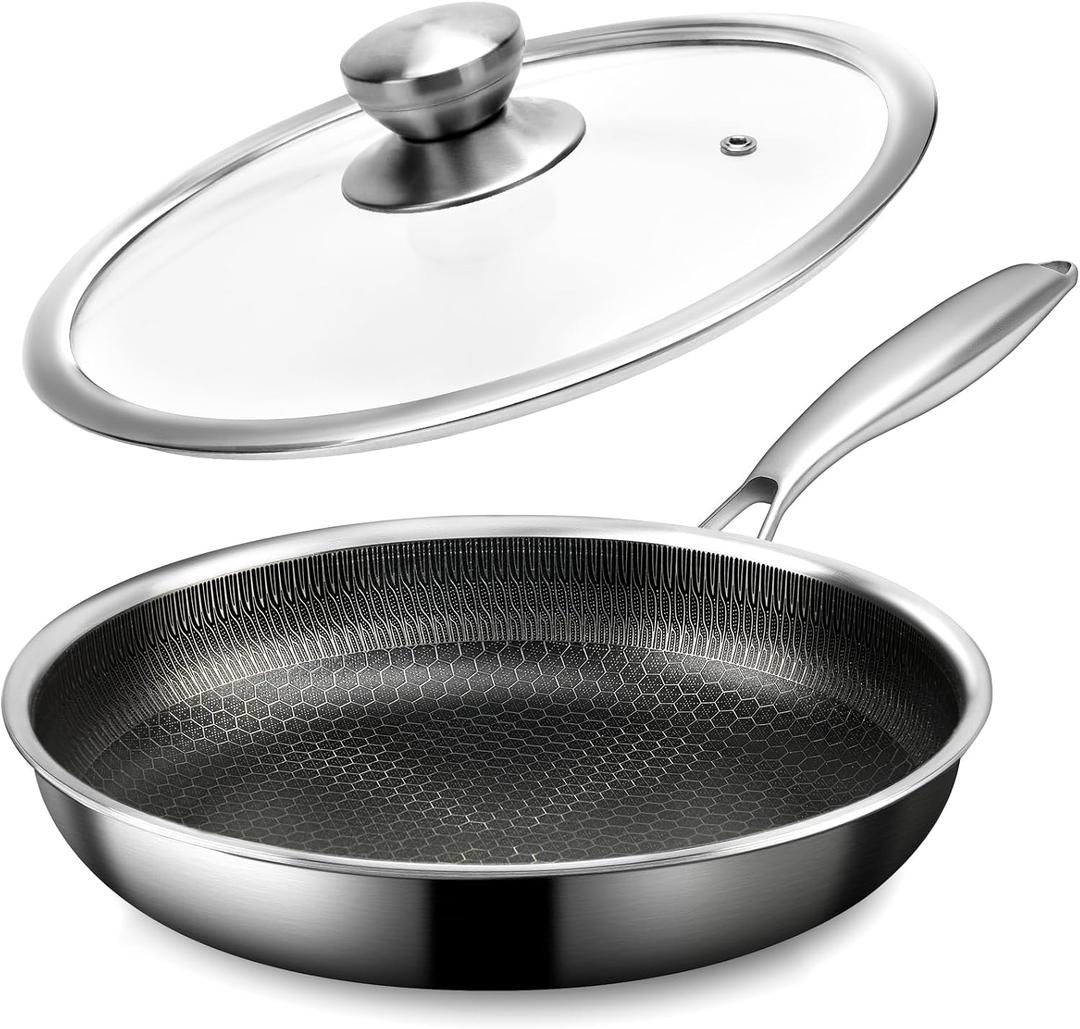 Stainless Steel Frying Pan with Lid, 8 Inch Honeycomb Non Stick Frying Pan, Small Stainless Steel Nonstick Pans W/Lid, Safe Nonstick Skillet Egg Omelete Pans, Oven Safe, Induction Compatible,PFOA Free