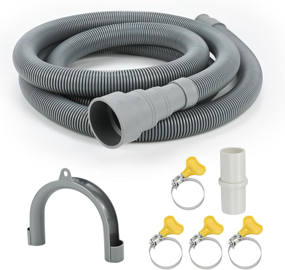 6.5ft Universal Washing Machine Drain Hose Extension Kit, 7-Piece Set with Adapter, U-Bend Bracket, 4 Clamps, Flexible Washer & Dishwasher Drain Hose, Fits Dehumidifiers & Laundry Machines