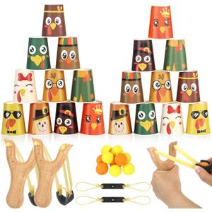 Thanksgiving Games Stacking Cups Set, Thanksgiving Activities with 24 Cup 2 Wooden catapults 2 Spare Rubber Band & 10 Foam Balls for Boys Girls Adult Outdoor Indoor Family Party Class Game Gifts