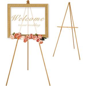 VISWIN Upgraded 63" Gold Wooden Easel Stand for Sign, Tripod Easel for Wedding Sign Stand, Welcome Board, Poster, Picture, Canvas Art Easel Floor with Tray for Display & Painting (1 PCS)