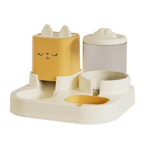 Cat-Themed Automatic Pet Feeder and Water Dispenser Set, Food Bowl with Storage Container, 12.59 x 11.22 inch Base, Yellow and White